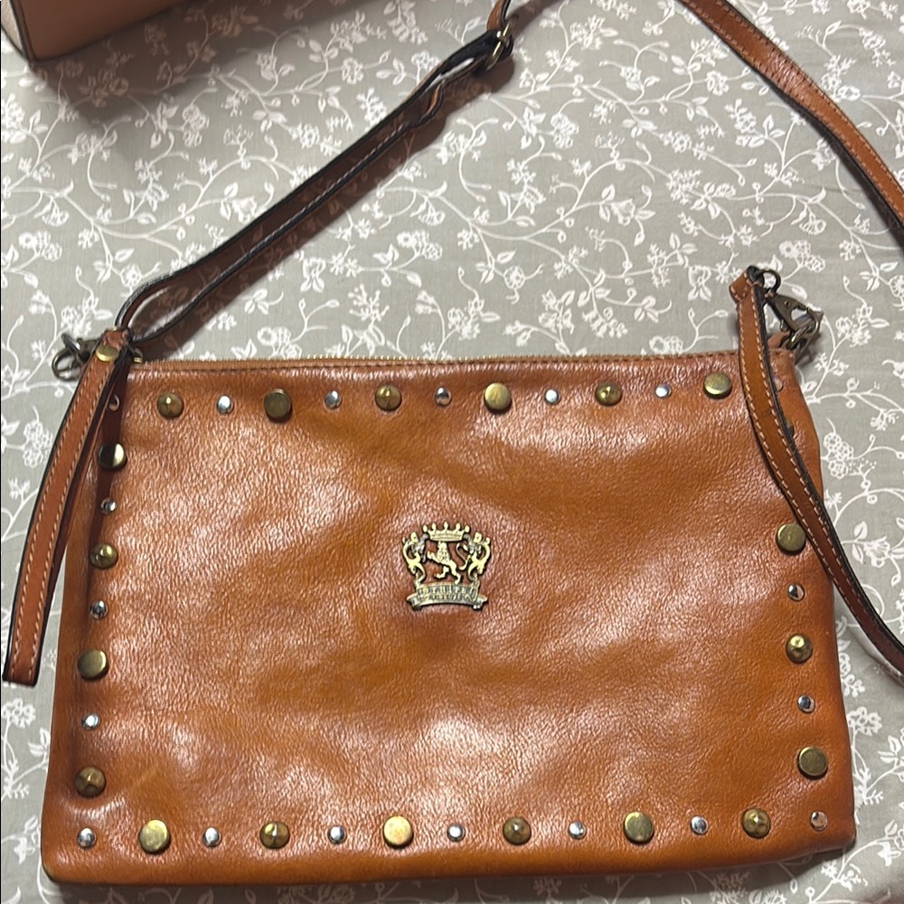 Tan Leather Crossbody Bag with Studded Flap